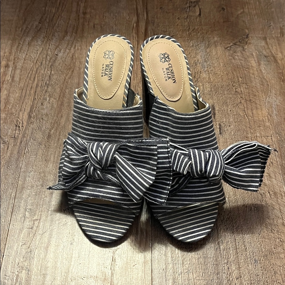 Striped Bow Mules in Black and White